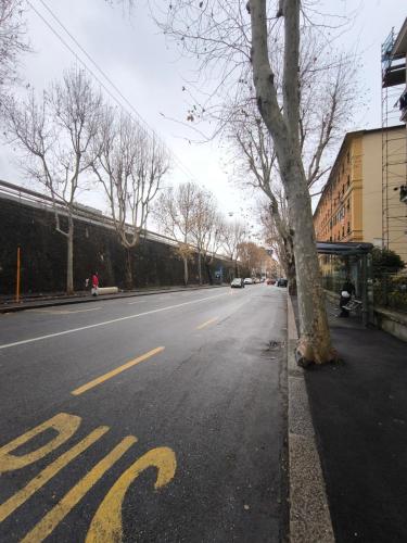 an empty street with a bus stop painted on the road at Casa Giorgia with Parking Space in Genova