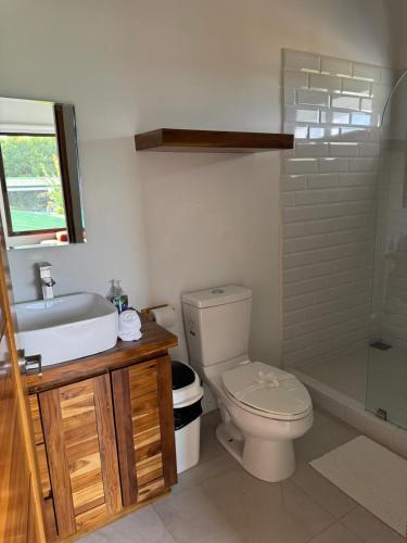 a bathroom with a toilet and a sink and a shower at Hotel Por Que No? in Uvita