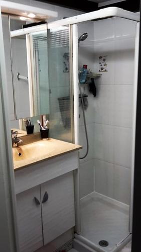 une salle de bain avec un lavabo et une douche avec un miroir dans l'établissement LE MAZET DU SOLEIL D'OR à 300m plage Nartelle, à Sainte-Maxime