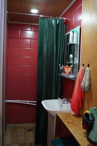 a bathroom with a green shower curtain and a sink at Tebulo Biodiv&Guest House in Khone
