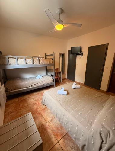 two bunk beds in a room with a ceiling fan at Hôtel - Pub Le Petit Bosquet in Santo-Pietro-di-Venaco