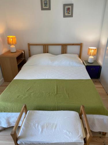 une chambre avec un lit avec une couverture verte dessus dans l'établissement Charmante maison plage, à Contis-les-Bains