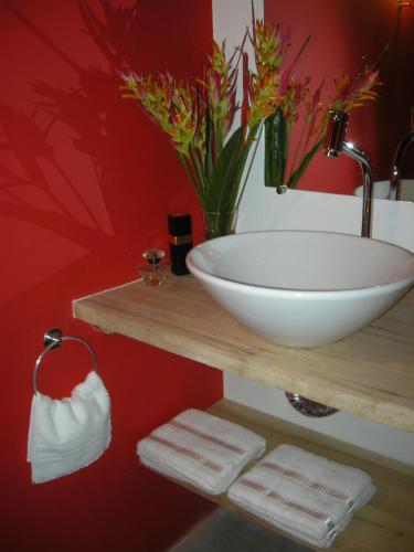 a bathroom with a sink and a red wall at Bed & Breakfast Casa Dos Cajueiros in Barra Grande