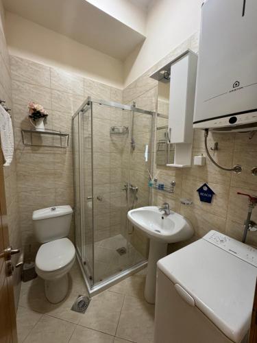 a bathroom with a shower and a toilet and a sink at Apartment OLIVA1 in Petrovac na Moru