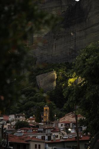 a view of a city with a mountain in the background at Chara’s Luxury home in Kalabaka