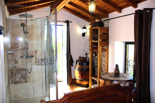 a bathroom with a shower and a barrel at Nuit de Légende en Beaujolais in Lantignié-en-Beaujolais