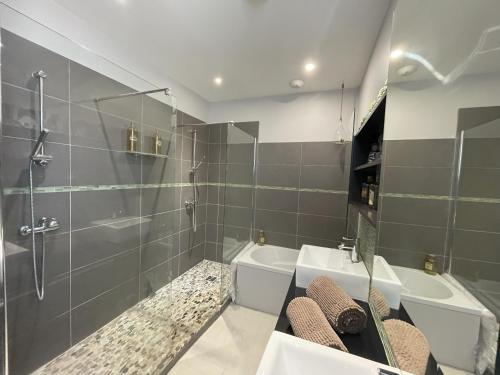une salle de bain avec une douche, des toilettes et un lavabo dans l'établissement Bienvenue Vacances Sarlat-La-Canéda, à Proissans