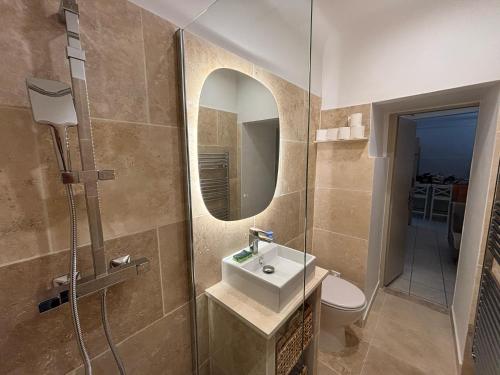 une salle de bain avec un lavabo et une douche avec un miroir dans l'établissement Rêve de Vacances Insolite Palais Lascaris Vue Montagne et Village Médiéval, à Castellar