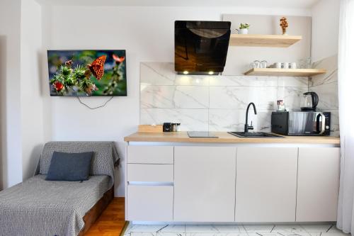 a small kitchen with white cabinets and a sink at Pansion Villa Cancar in Grabovac