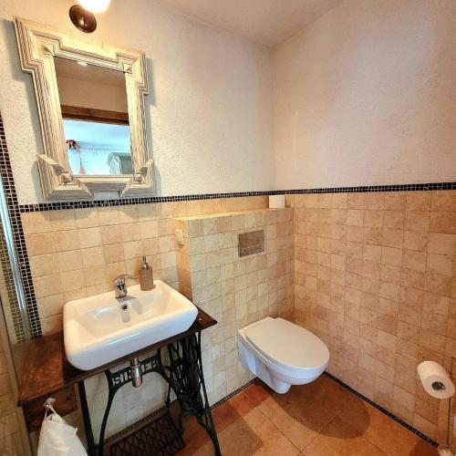a bathroom with a sink and a toilet and a mirror at Agroturystyka Rawiczówka in Brzeżno
