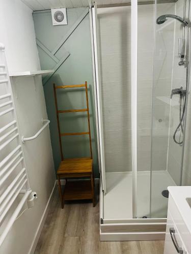La salle de bains est pourvue d'une douche et d'une chaise en bois. dans l'établissement Villa Mela-Bella, à Ouistreham