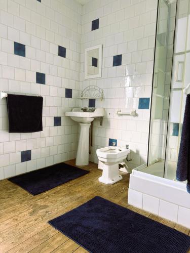 une salle de bain avec toilettes, lavabo et douche dans l'établissement Villa La Belle époque, au Tréport