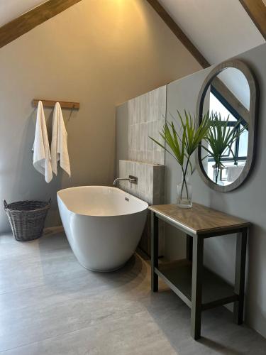 a bathroom with a large white tub and a mirror at Fallen Oak Villa 1 in George