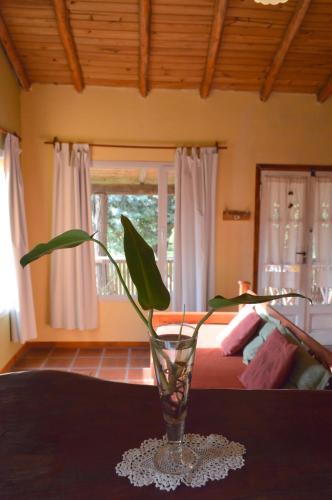 a vase with a plant sitting on a table in a bedroom at Complejo Dulcería El Cazador y cabañas in Tandil
