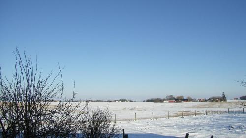 a field covered in snow with a fence at Hobykrok B&B in Lund