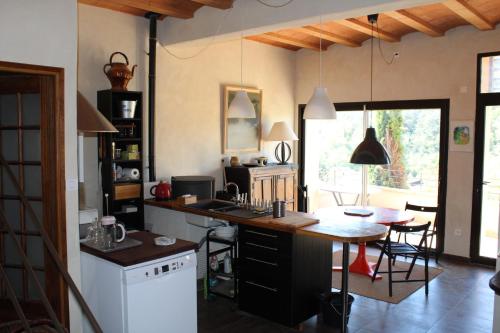 une cuisine avec un comptoir et une table avec des chaises dans l'établissement La maison basse, à Entrechaux