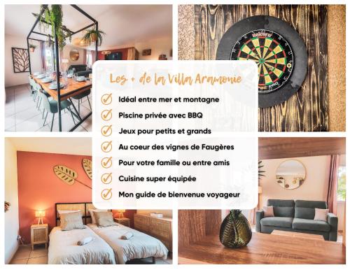a collage of pictures of a room with a dartboard at Au cœur des vignes, Villa Aramonie, Piscine privée in Laurens