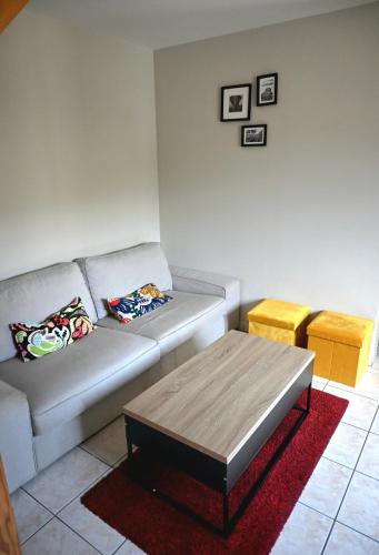a living room with a couch and a coffee table at Le duplex - studio - climatisé in Lons