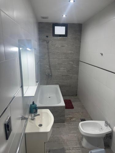 a bathroom with a sink and a toilet and a tub at Super Departamento amplio y luminoso con cochera in Lanús