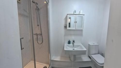a bathroom with a sink and a shower and a toilet at The Riverside in Spalding