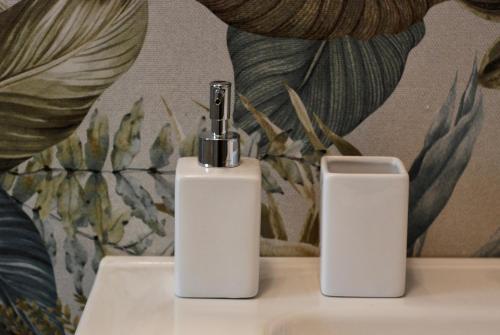 two white soap bottles sitting on top of a sink at Cavour Luxury Rooms Catanzaro in Catanzaro