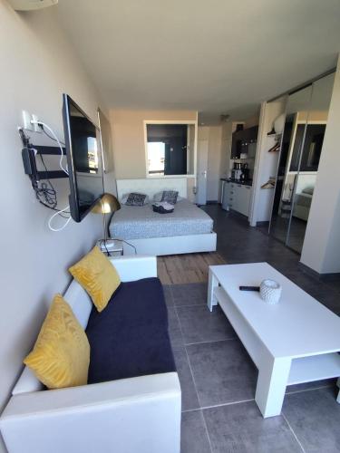 un salon avec deux lits et un canapé dans l'établissement Naturiste Cap d'Agde Héliopolis C 39, au Cap d'Agde