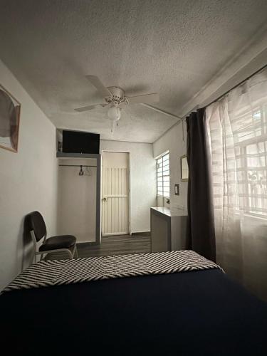 a bedroom with a bed and a ceiling fan at Hotel Posada Jardín Aguascalientes in Aguascalientes