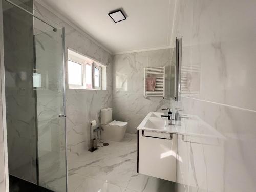 een badkamer met douche, wastafel en toilet bij Spacious Villa in Vila Nova de Gaia in Vila Nova de Gaia