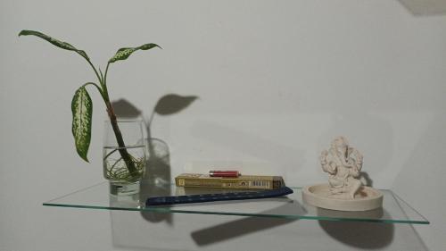 a glass shelf with a remote control and a vase at Casa inteira próxima ao Maracanã e ao Metrô Saens Pena in Rio de Janeiro