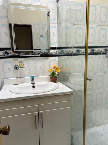 a bathroom with a sink and a mirror and a shower at cozy house in Buga Valle in Buga