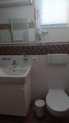 a bathroom with a sink and a toilet and a mirror at Hotel Markt3 in Bad Honnef am Rhein