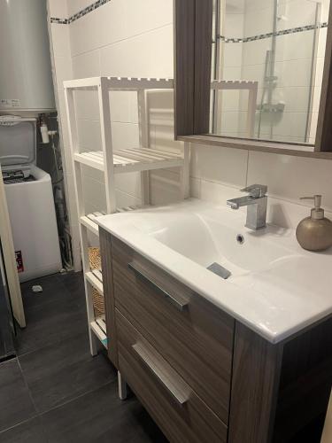 une salle de bain avec un lavabo et un miroir dans l'établissement Charming two-room with garage, à Menton