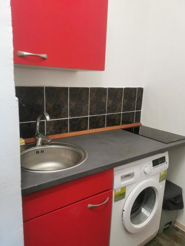 a kitchen with a sink and a washing machine at GARSONIERĂ in Arad