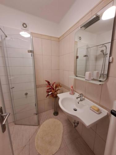 a bathroom with a sink and a shower with a mirror at Anna Apartman in Balatonfüred