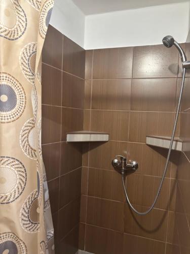 a shower with a shower head in a bathroom at Apartment Ortler in Banská Štiavnica