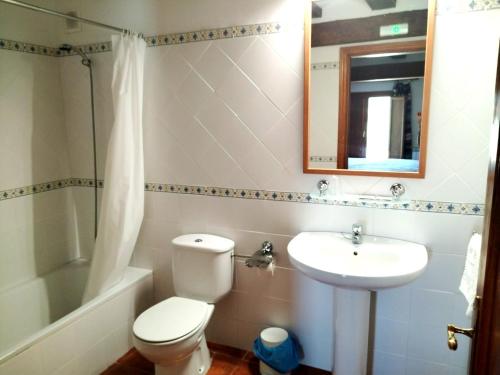 a bathroom with a toilet and a sink and a mirror at Hostal Rural Zorita in Zorita del Maestrazgo