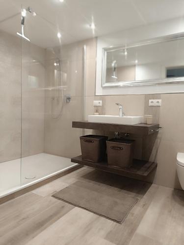 a bathroom with a sink and a shower and a toilet at Landhaus Sonnenwinkel in Brodenbach