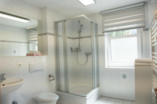 een badkamer met een douche, een toilet en een wastafel bij Ostseepark Waterfront-Karavelle in Heringsdorf