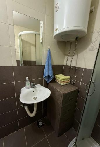 a bathroom with a sink and a mirror at Element Apartman Obrenovac, Privatni Parking in Obrenovac
