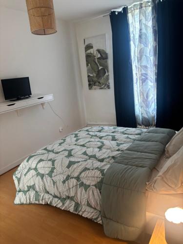a bedroom with a bed and a television in it at Appartement cosy centre-ville in Falaise