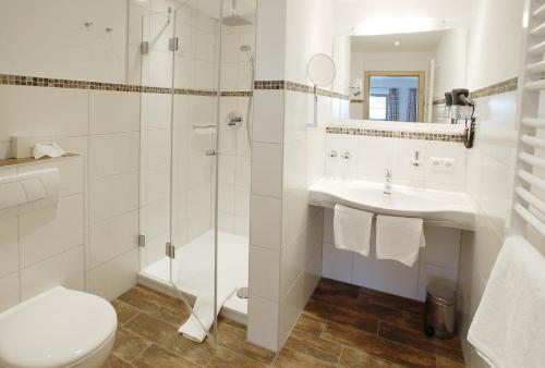 a bathroom with a shower and a toilet and a sink at Wörndlhof - Das Refugium in Ramsau