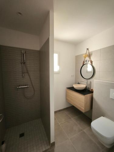 une salle de bain avec une douche, des toilettes et un lavabo dans l'établissement Beautiful villa between Uzès & Avignon, à Saint-Marcel-de-Carreiret