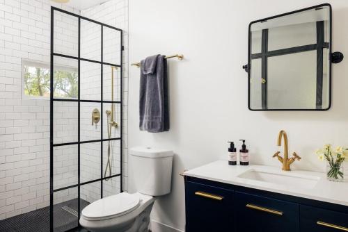 a bathroom with a toilet and a sink and a mirror at Suite 001 in Kenoza Lake