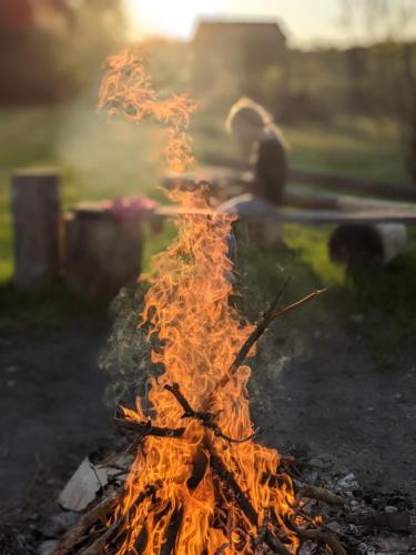 a fire is burning in a campfire at Chata w lesie in Zagwiździe