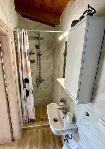 a bathroom with a sink and a shower at Star Country House in Ormos Panagias