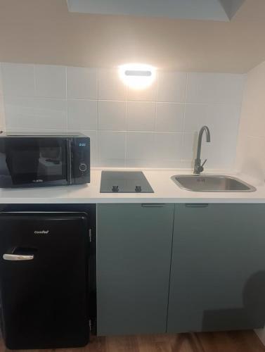 une cuisine avec un micro-ondes et un évier dans l'établissement Au cœur des Chartrons, à Bordeaux