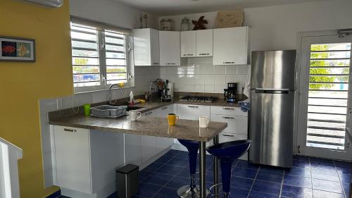 a kitchen with white cabinets and a stainless steel refrigerator at Marazul Dive Resort. 3 Bedroom Seafront House. Dive, Snorkel, enjoy amazing sunsets in Westpunt