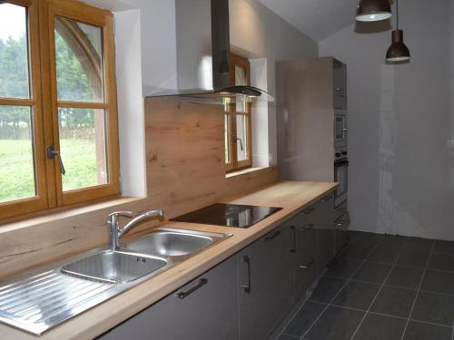 una cucina con un lavandino e una finestra di Château médiéval avec piscine privée et jardin, animaux acceptés - FR-1-381-410 a Saint-Bauld