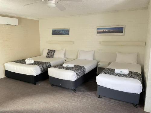 a room with three beds in a room at Coastal Bay Motel in Coffs Harbour