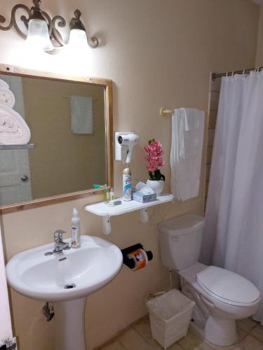 a bathroom with a sink and a toilet and a mirror at Cozy Villa Escape in Runaway Bay